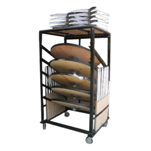 Black metal-framed catering or industrial cart on wheels for the vertical storage of multiple large, circular wooden trays or tabletops, with smaller stacked circular items on the top shelf.