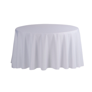 A crisp white satin tablecloth draped perfectly over a round event table.