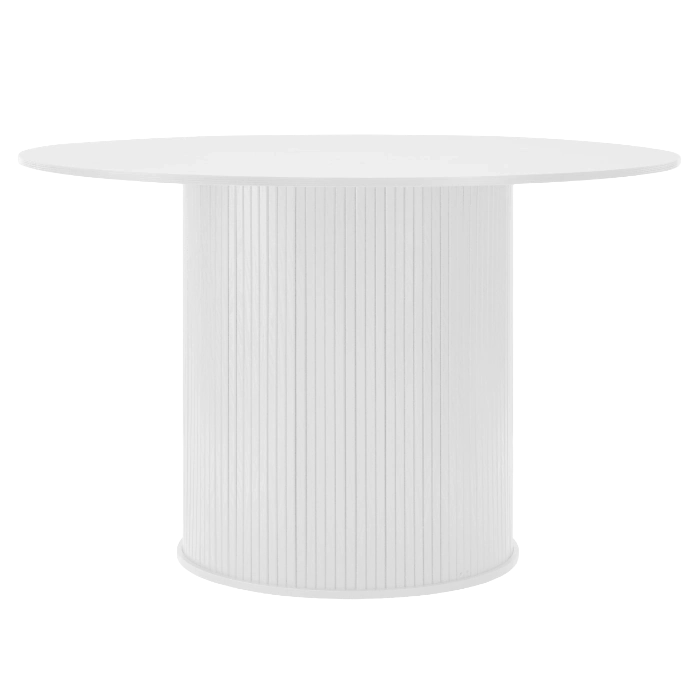 A contemporary white round dining table with a fluted pedestal base.