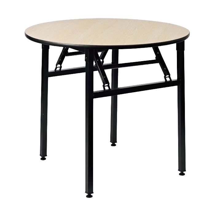 A tall folding cocktail table with a bamboo frame and natural wood top.