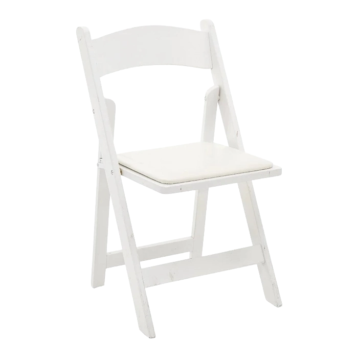 A white resin folding chair with a padded seat, ideal for event ceremonies.