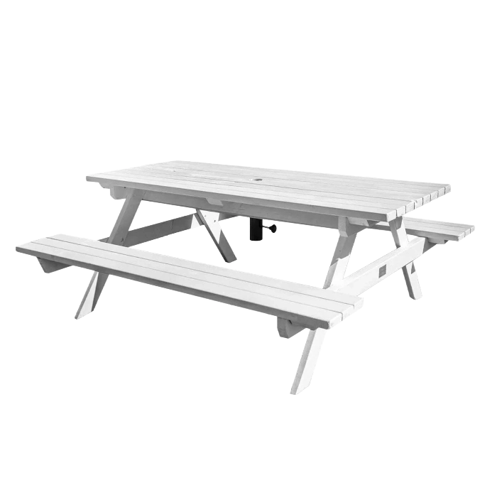 A classic white wooden picnic table with attached benches for casual outdoor events.
