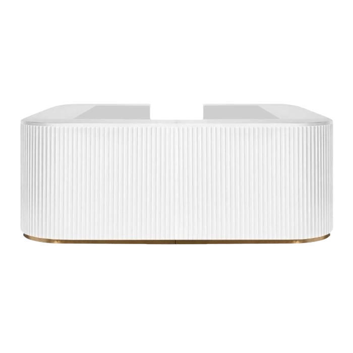 A white modular event bar counter with a fluted texture and a gold base trim.
