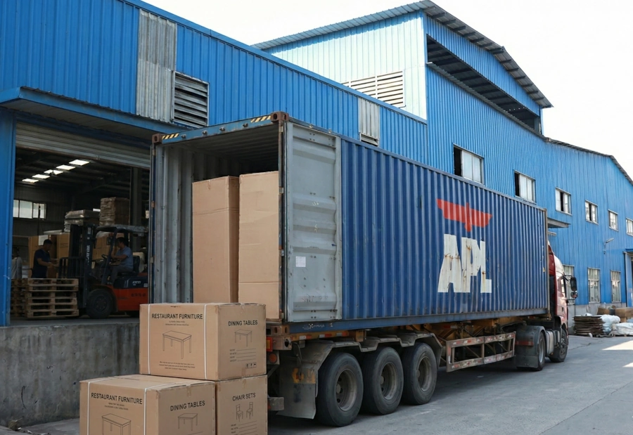 Loading container with boxed restaurant and event furniture at factory loading dock for export.