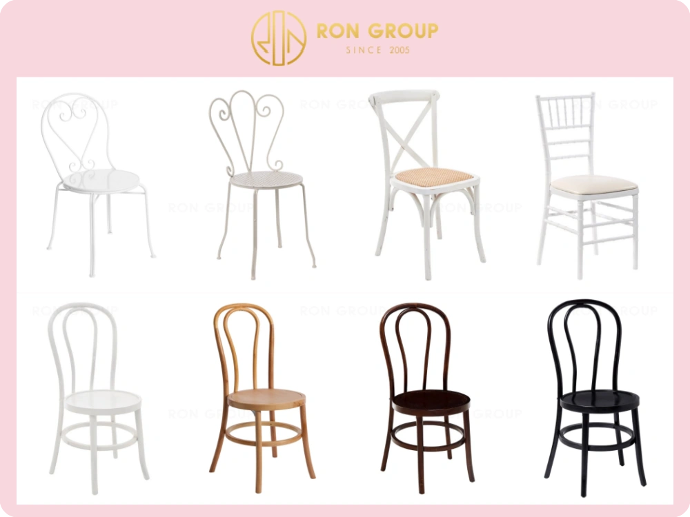 RON GROUP premium event chair collection featuring Tiffany, Crossback, and Bentwood designs