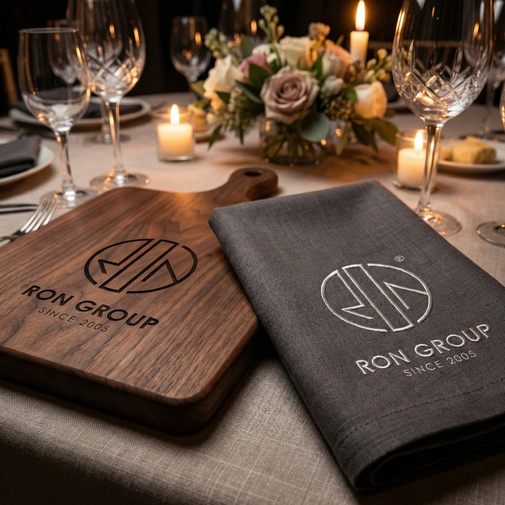 Custom branded walnut serving board with laser engraving and embroidered linen napkin featuring corporate logo.