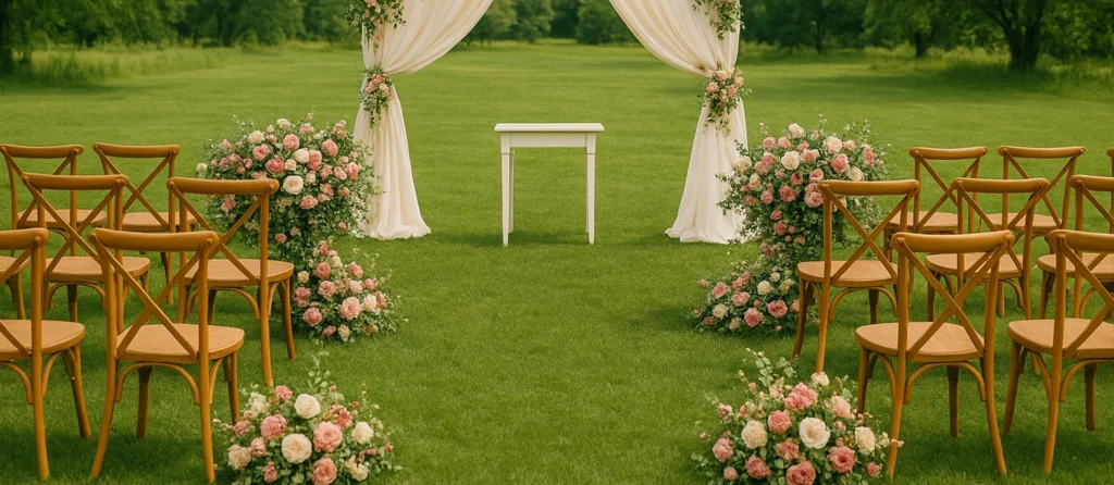 Elegant garden wedding aisle with light oak cross-back chairs and lush pink and white floral arches.
