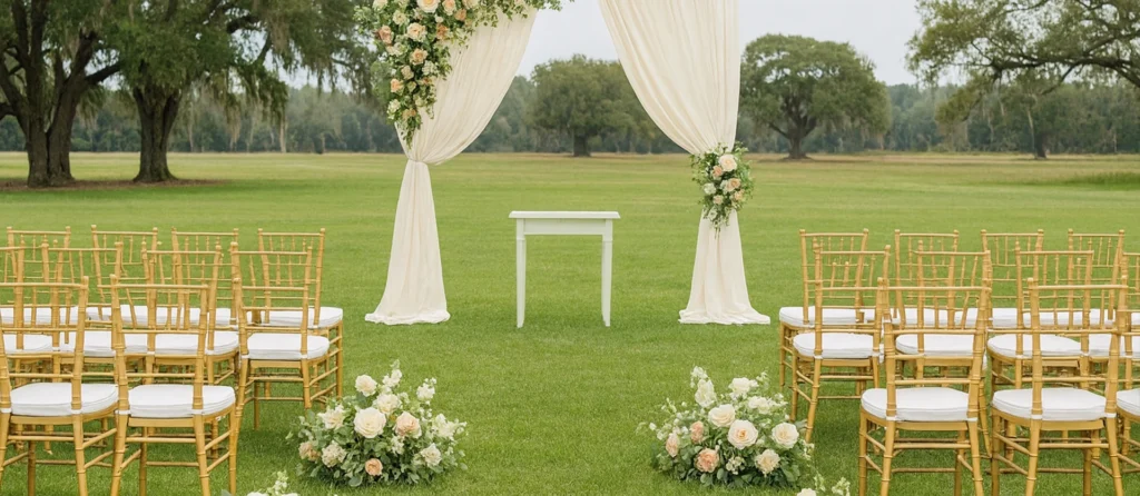 Classic outdoor lawn wedding ceremony with gold Chiavari chairs and white draped canopy arch.