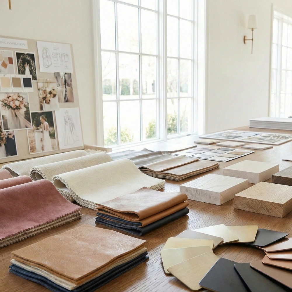 Luxury event furniture material selection table displaying upholstery fabrics, wood finishes, and metal powder-coating samples.