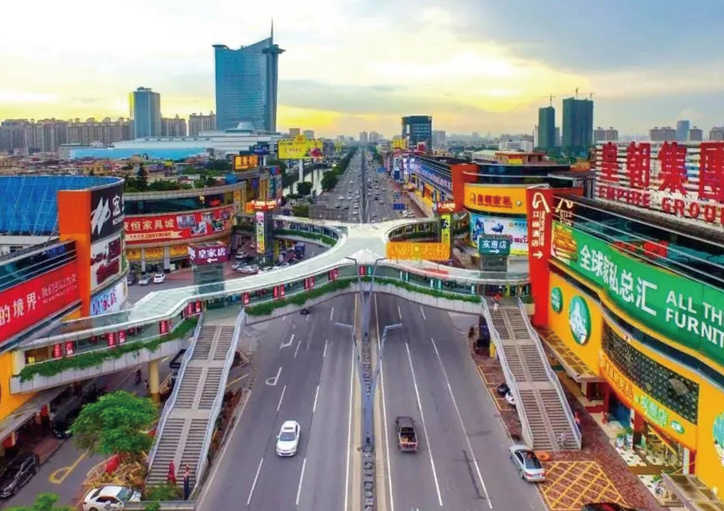 Aerial view of the busy furniture market center in Foshan