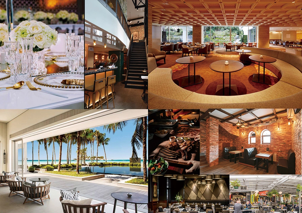 Collage of high-end restaurant furniture projects and resort interiors