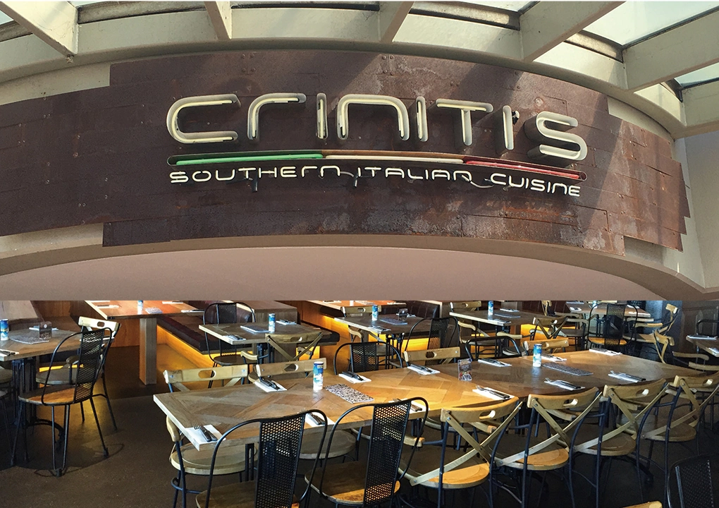 Custom restaurant furniture and interior seating provided by Ron Group for Criniti's Southern Italian Cuisine chain
