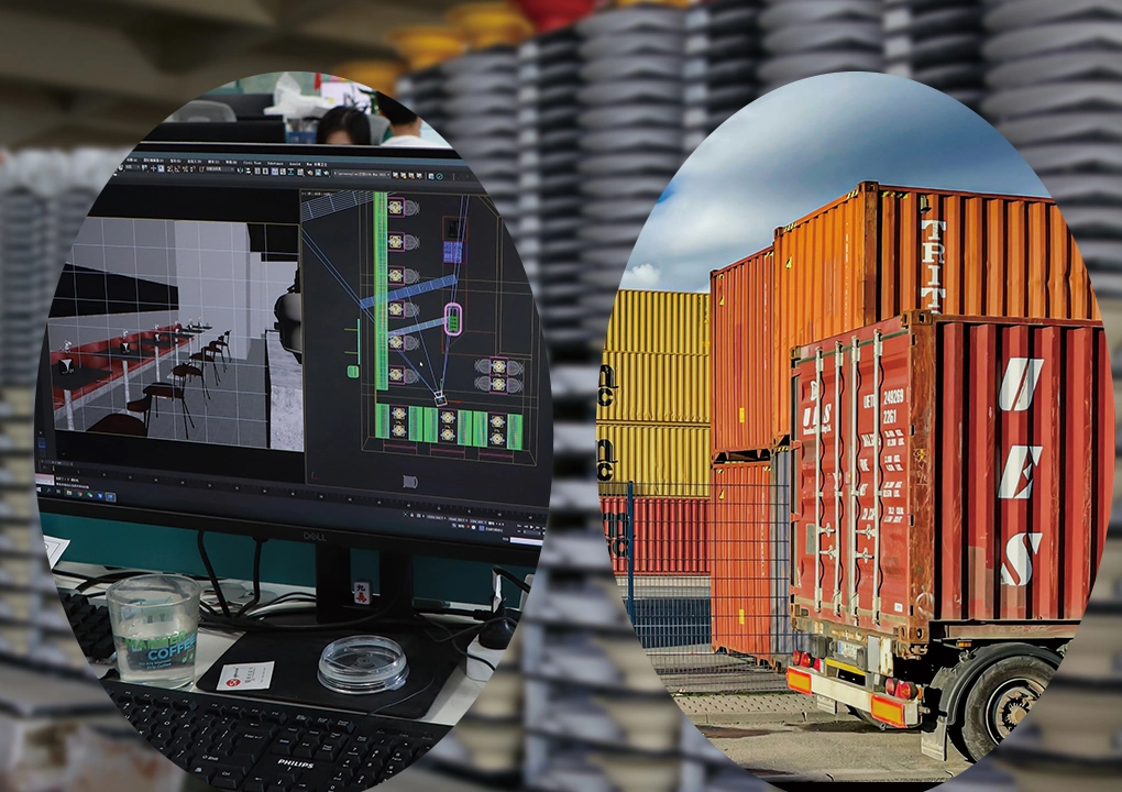 Split screen of 3D restaurant design software and shipping containers