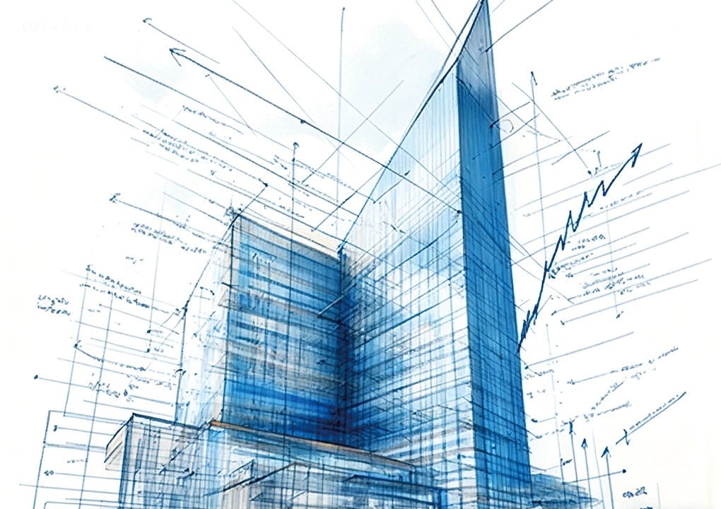 Architectural sketch of a high-rise combined with upward financial growth charts