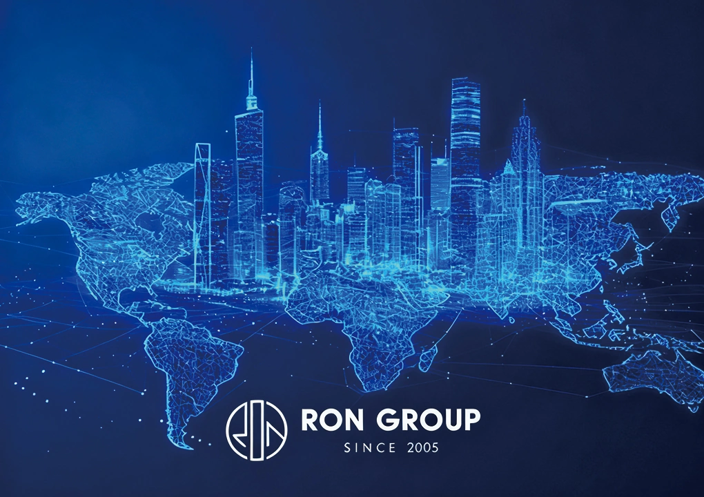 Futuristic digital world map with connected city skylines and Ron Group logo