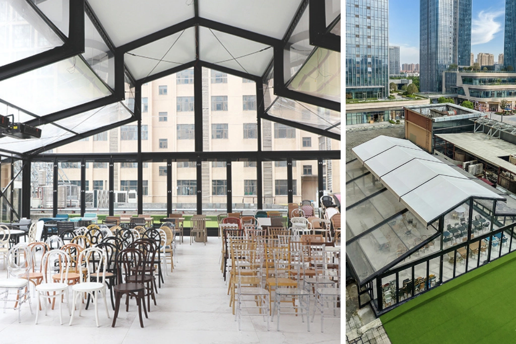Rooftop glass house showroom with retractable roof featuring various event chairs.