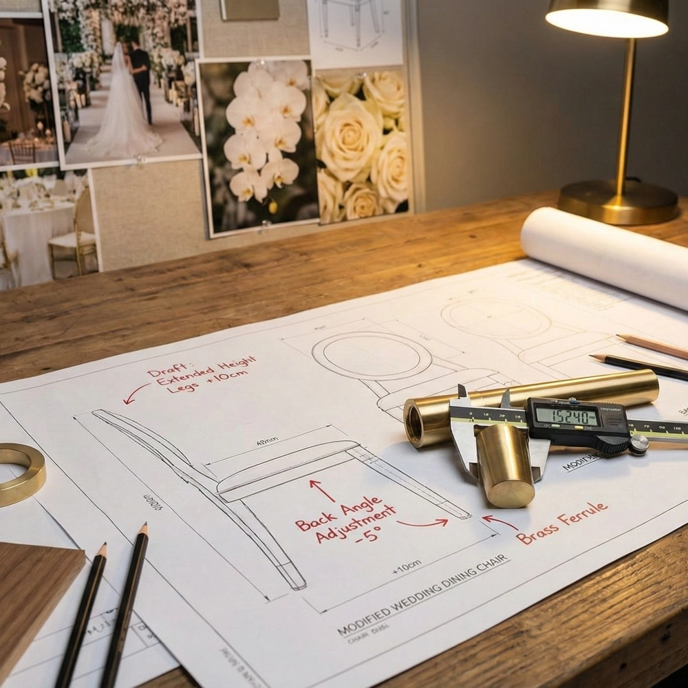 Technical furniture blueprints with dimension adjustments and digital caliper measuring brass components.