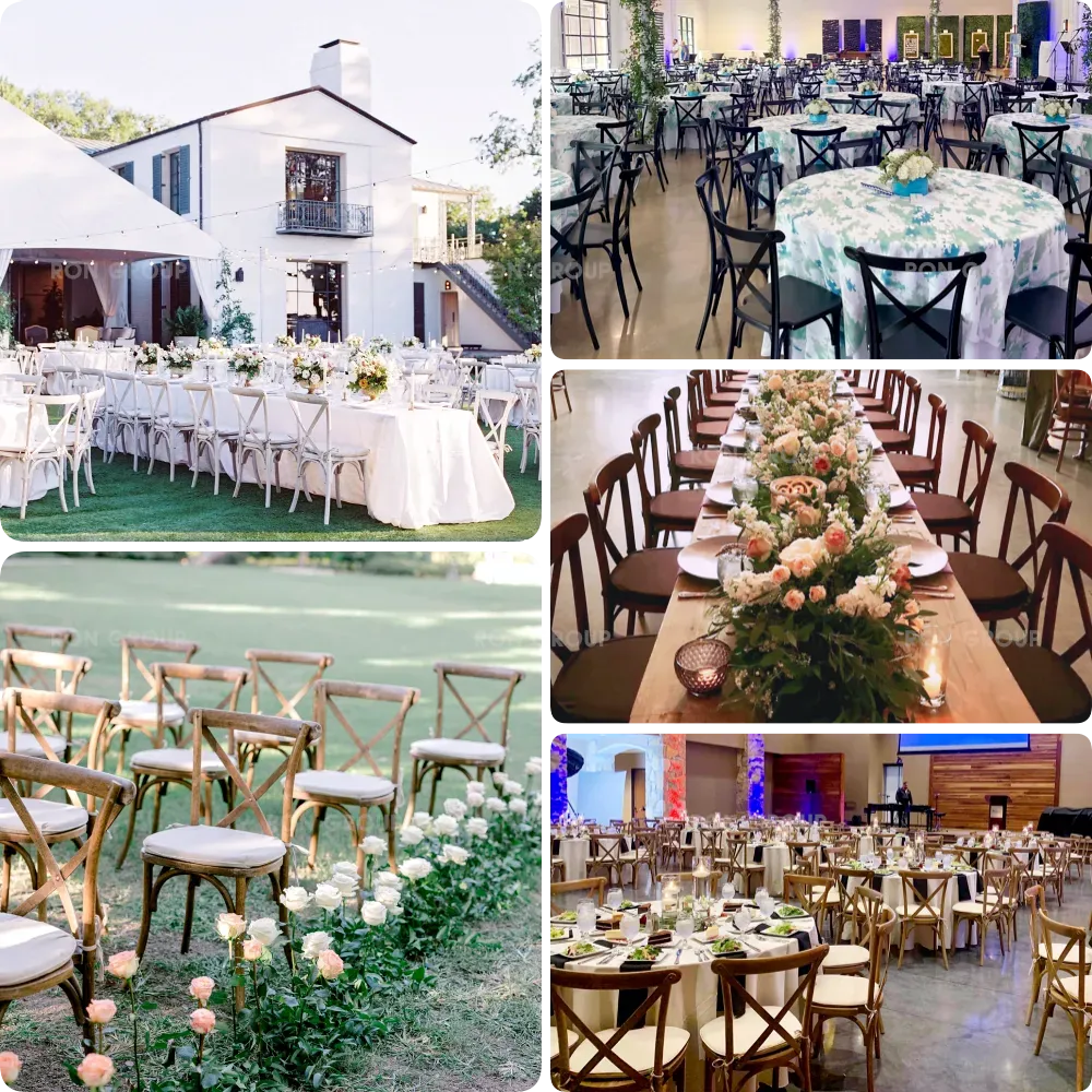 Collage of Cross Back Chairs in white, black and wood finishes for various wedding styles