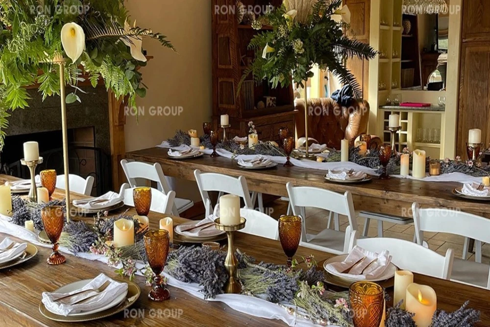 RON GROUP Blush Outdoor Wedding Tableware Solutions Elegant blush-hued outdoor wedding tablescape with RON GROUP customized tableware