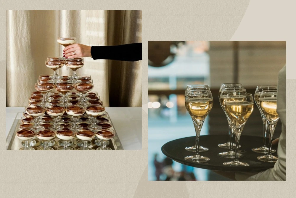 Warm-Toned Event Table Setting with Blooms, Candlesticks and Ribbon-Wrapped Pears