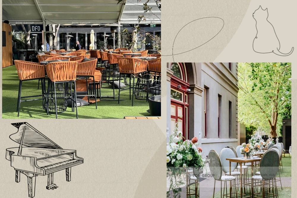 Rattan chairs on terrace with floral decorations for outdoor elegance