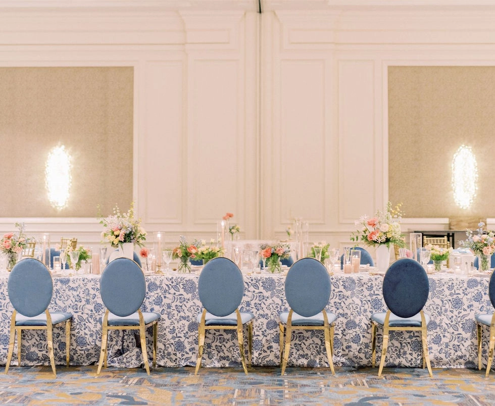 Blue Chairs with Golden Legs Elegant Banquet Setting Blue Chairs with Golden Legs for Elegant Wedding and Banquet Table Setup